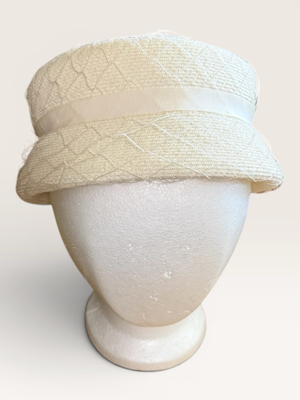 White & Cream Vintage 1950s Sailor Hat Featuring Structured Netting & Ribbon Bow